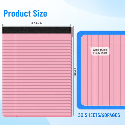 6pcs Legal Pads 8.5 x 11, Notepads 8.5 x 11 Inch, Color Note Pads Clear Print Writing Pads of Paper, Memo Pads , Perforate Legal Notepads Paper , Wide Ruled Lined with Sturdy Back,30 Sheets/Pack