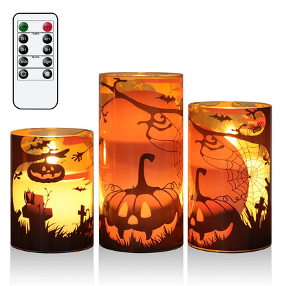 Eldnacele Halloween Flameless Candles with Remote Pumpkin, Spider Web Decal and Castle Decals Battery Operated Real Wax Flickering Glass Pillar Candle for Spooky Halloween Decor 3 Pack