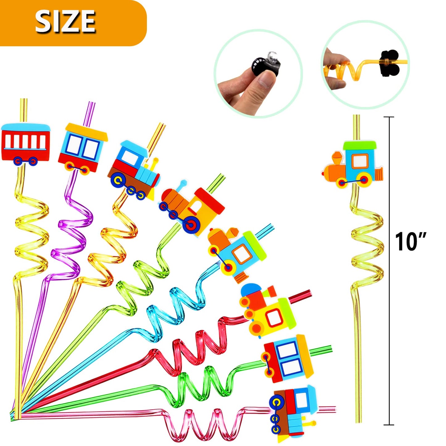 24 Pack Train Theme Shaped Straws - Reusable Plastic Straws with Cartoon Decoration - Kids Party Supplies - Birthday Party Favors with 2 Cleaning Brushes