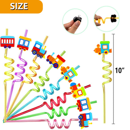 24 Pack Train Theme Shaped Straws - Reusable Plastic Straws with Cartoon Decoration - Kids Party Supplies - Birthday Party Favors with 2 Cleaning Brushes