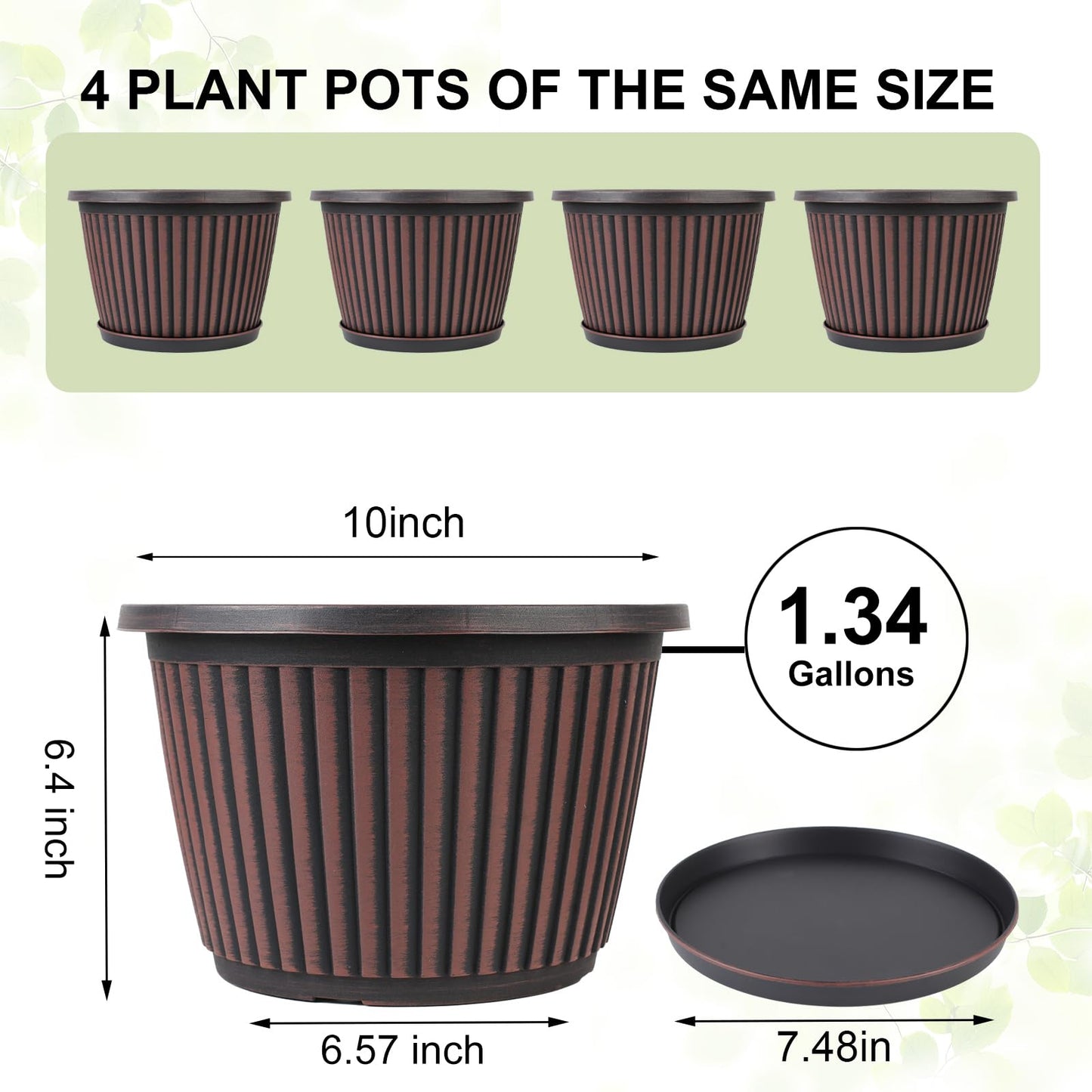 Myfeegoin Planter-Pots-for-Plants-Indoor-Outdoor, 4 Pack 10 Inch Plastic Flower Pots with Saucer & Drainage Holes, Modern Garden Planters for Planting Medium Large Plants，Decorative Resin Garden Pots
