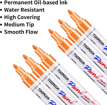Orange Permanent Paint Pens - 6 Pack Oil Based Paint Markers, Pens For Rock Painting Car Tyre Metal, Plastic, Canvas, Mugs, Wood, Glass, Quick Drying and Waterproof, Medium Point