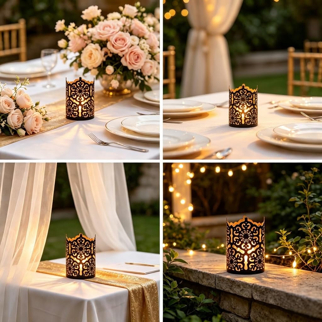 Hosley Set of 3 Black Metal Candle Holders 4 Inch High - Lattice Cut Lanterns for Table Centerpiece, Wedding, Home Decor, Indoor Outdoor