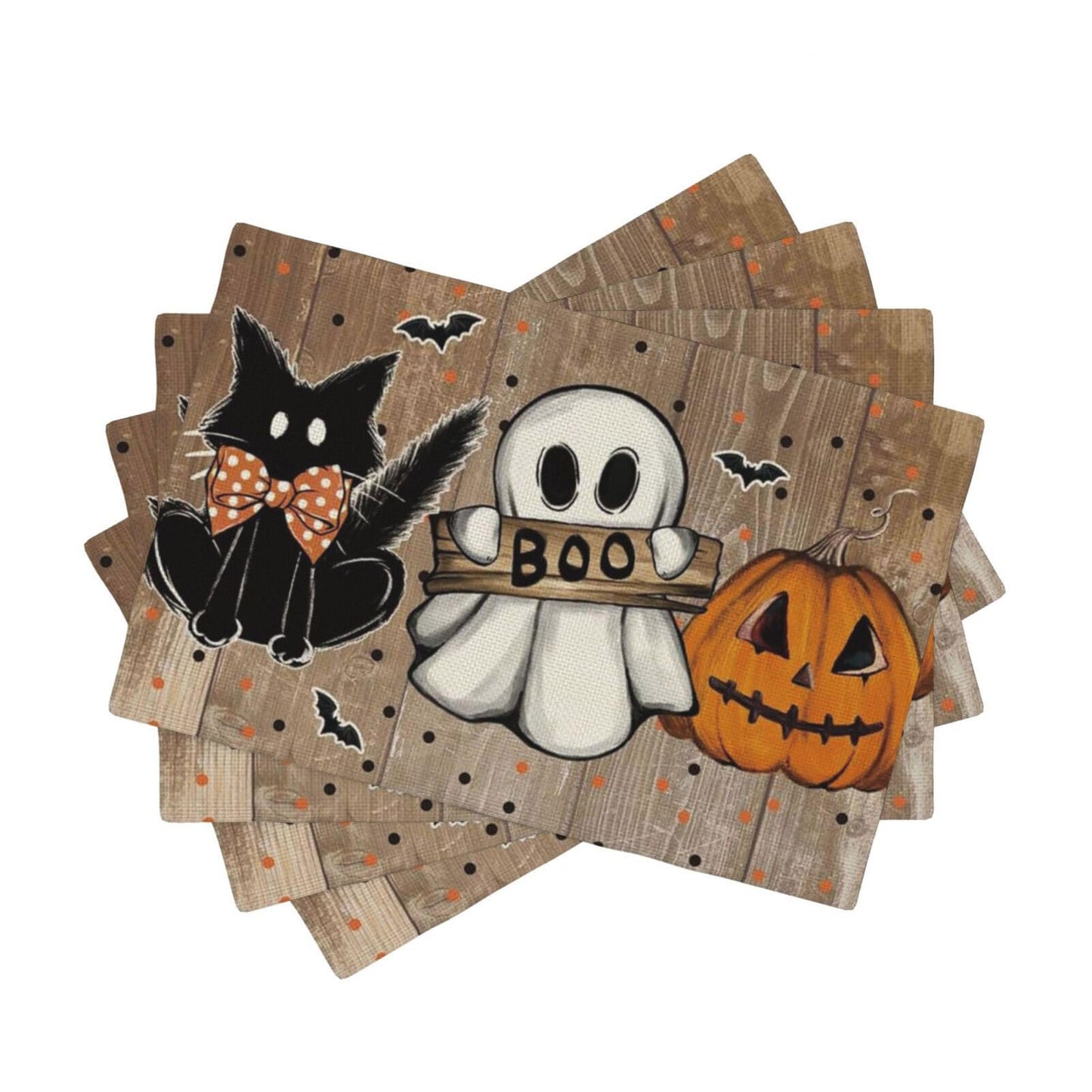 Trick Or Treat Pumpkin Halloween Garden Placemat Set of 4,12x18 Inch Bat Boo Cat Polka Dot Fall Garden Linen Washable Fabric Table Mats for Halloween Decoration Kitchen Dining Table Place Mats