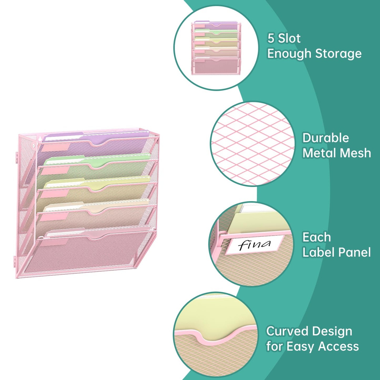 SUPEASY 5 Tier Wall File Organizer, Hanging Wall Mounted Mail Organizer with Label Slots, Metal Mesh File Holder Magazine Rack for Office, Home, School, Pink