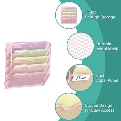 SUPEASY 5 Tier Wall File Organizer, Hanging Wall Mounted Mail Organizer with Label Slots, Metal Mesh File Holder Magazine Rack for Office, Home, School, Pink