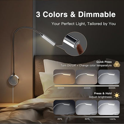 VST Books Lights for Headboard, Bedside Wall Mounted Reading Lamp, Reading Light Touch to Adjust Color Temp (3000K/4000K/6000K) and Brightness, USB/Type-C Charging Ports, 20W Driver, ETL-Listed