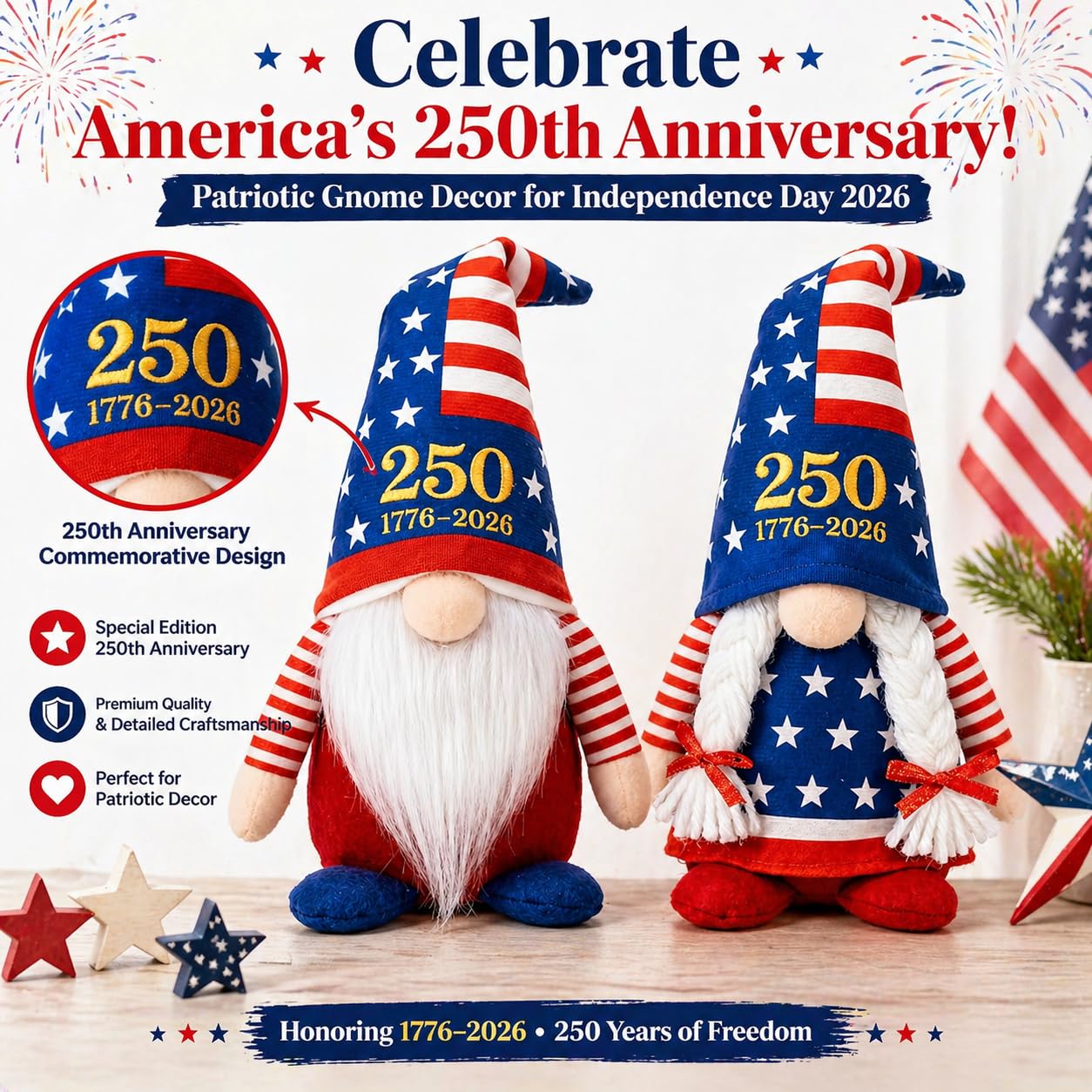 LEKSON 4th of July Decorations Patriotic Gnomes, 250 Anniversary USA Merchandise, Red White and Blue Independence Day Home Table Decor, 1776-2026 Indoor American Gnome Set of 2
