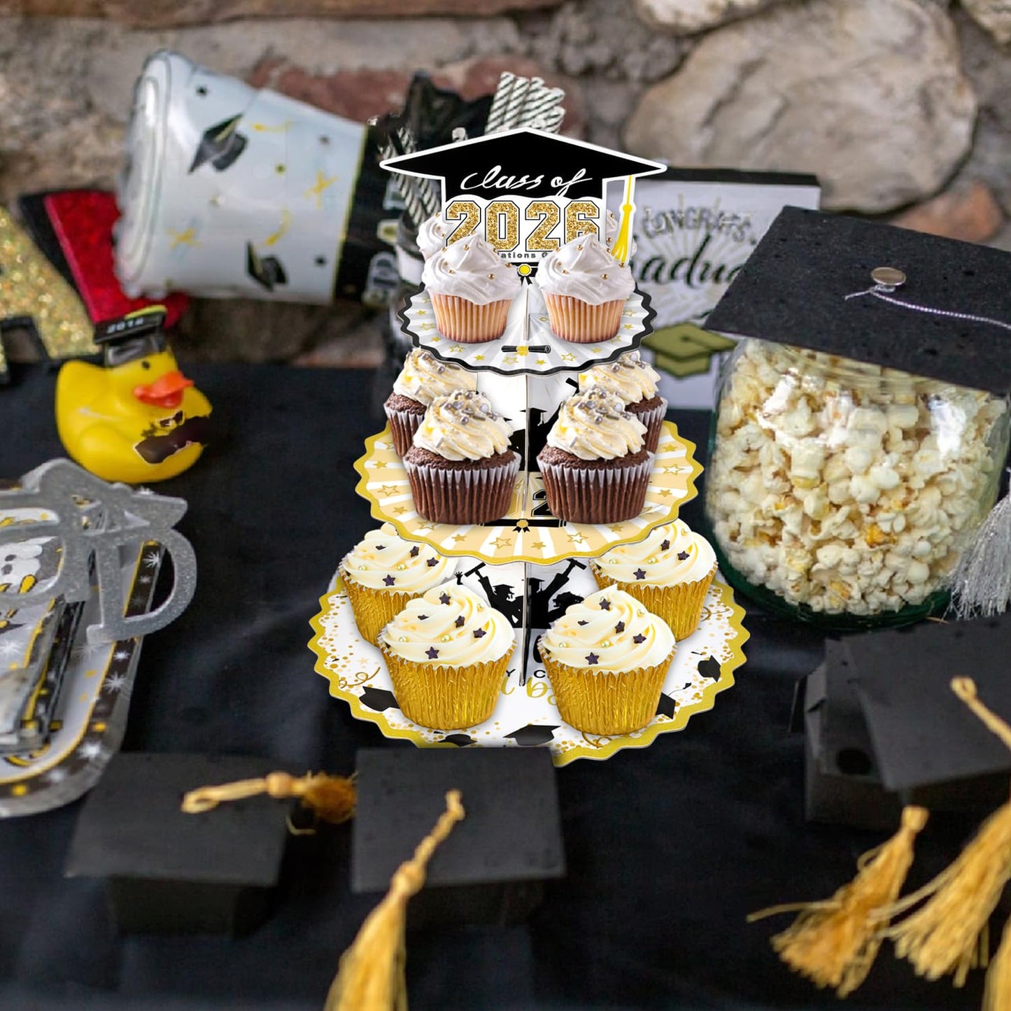 Crafterlife Set of 2 Graduation Cupcake Stand for 50 Cupcakes Black Gold Graduation Cap Decorations Cardboard Cake Dessert Holder Tower for Class of 2026 Congrats Grad Party Supplies