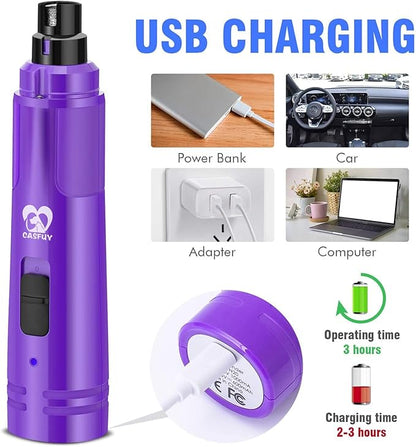 Casfuy Dog Nail Grinder with LED Light - Upgraded 2-Speed Electric Pet Nail Trimmer Powerful Painless Paws Grooming & Smoothing for Small Medium Large Dogs & Cats (Purple)