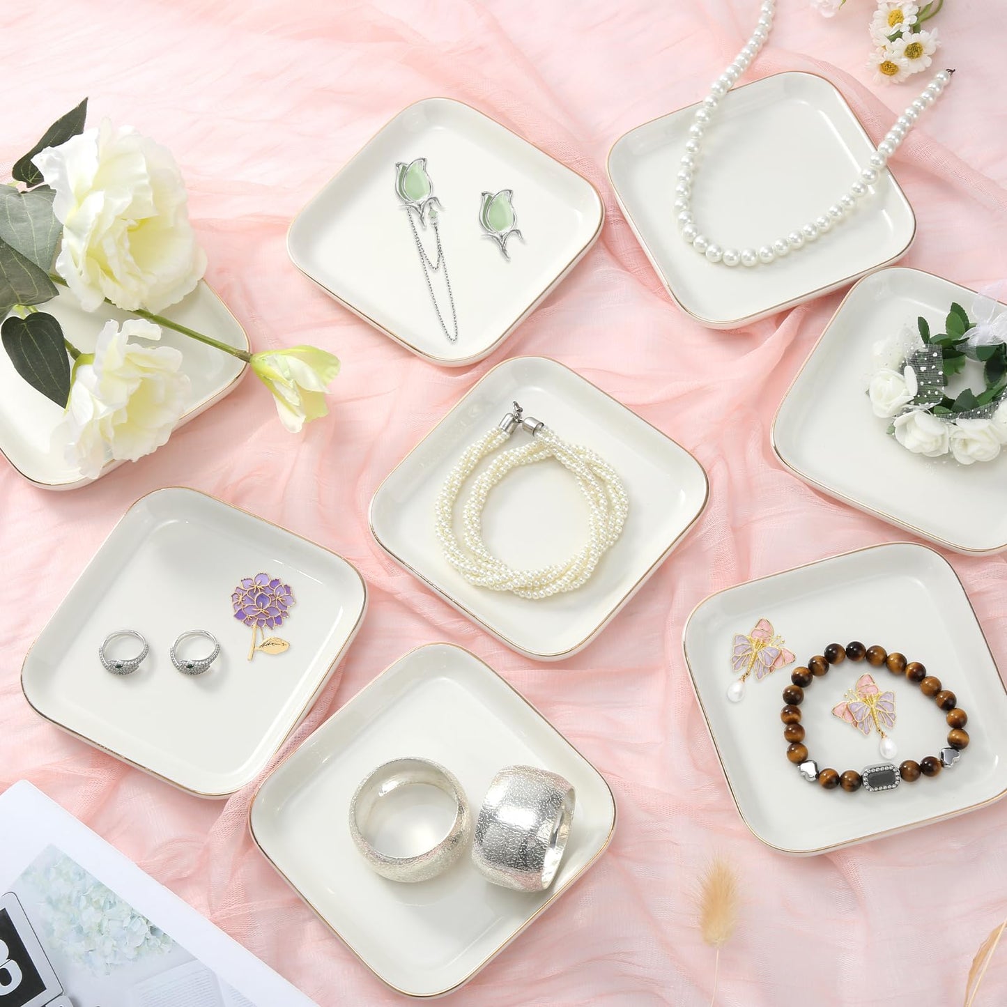 8 Pcs Ceramic Jewelry Tray 4.4 in Jewelry Dish for Women, Trinket Dish Ring Dish Bulk Decorative Trinket Dishes for Rings Earrings Necklaces, Bracelets Bridal Shower Wedding Birthdays Gifts Women