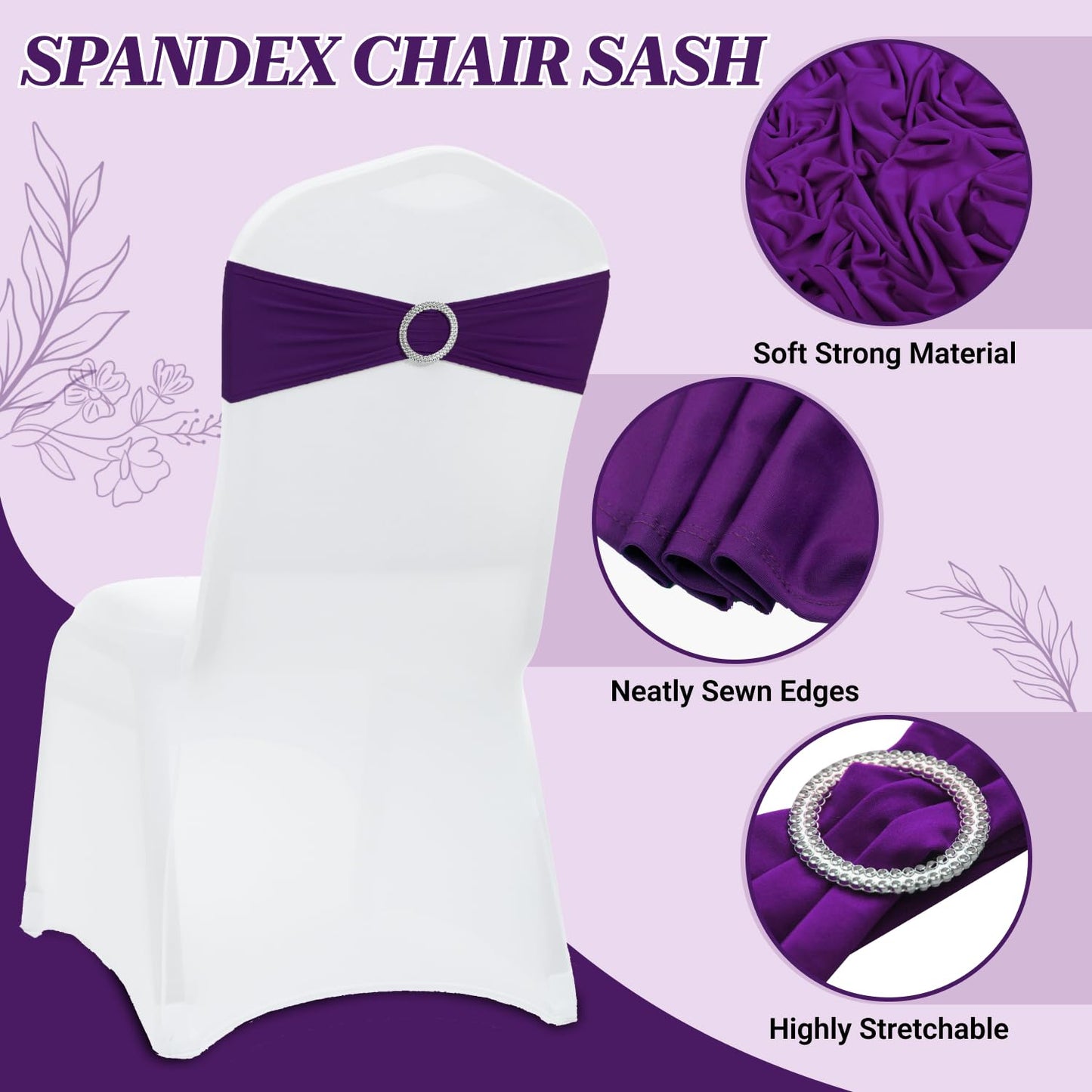 MDS® Pack of 10 Spandex Chair Sashes with Slider Buckle for Wedding & Event Decor, Reusable Stretch Chair Bows Bands for Banquet Chair Cover, Reception, Baby Shower, Birthday Party - Cadbury Purple