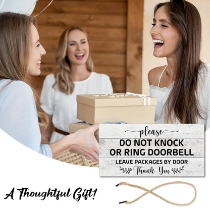 Wooden Sign with Rope for House Front - Do Not Knock or Ring Doorbell, Leave Packages by Door, 6x12 Inches Hanging Sign For Door Doors Garden Fence Office -02