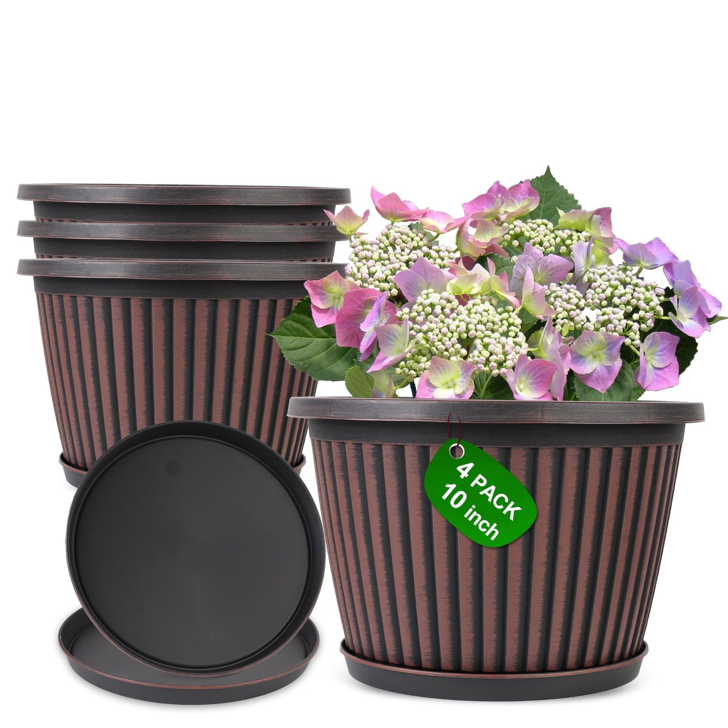Myfeegoin Planter-Pots-for-Plants-Indoor-Outdoor, 4 Pack 10 Inch Plastic Flower Pots with Saucer & Drainage Holes, Modern Garden Planters for Planting Medium Large Plants，Decorative Resin Garden Pots