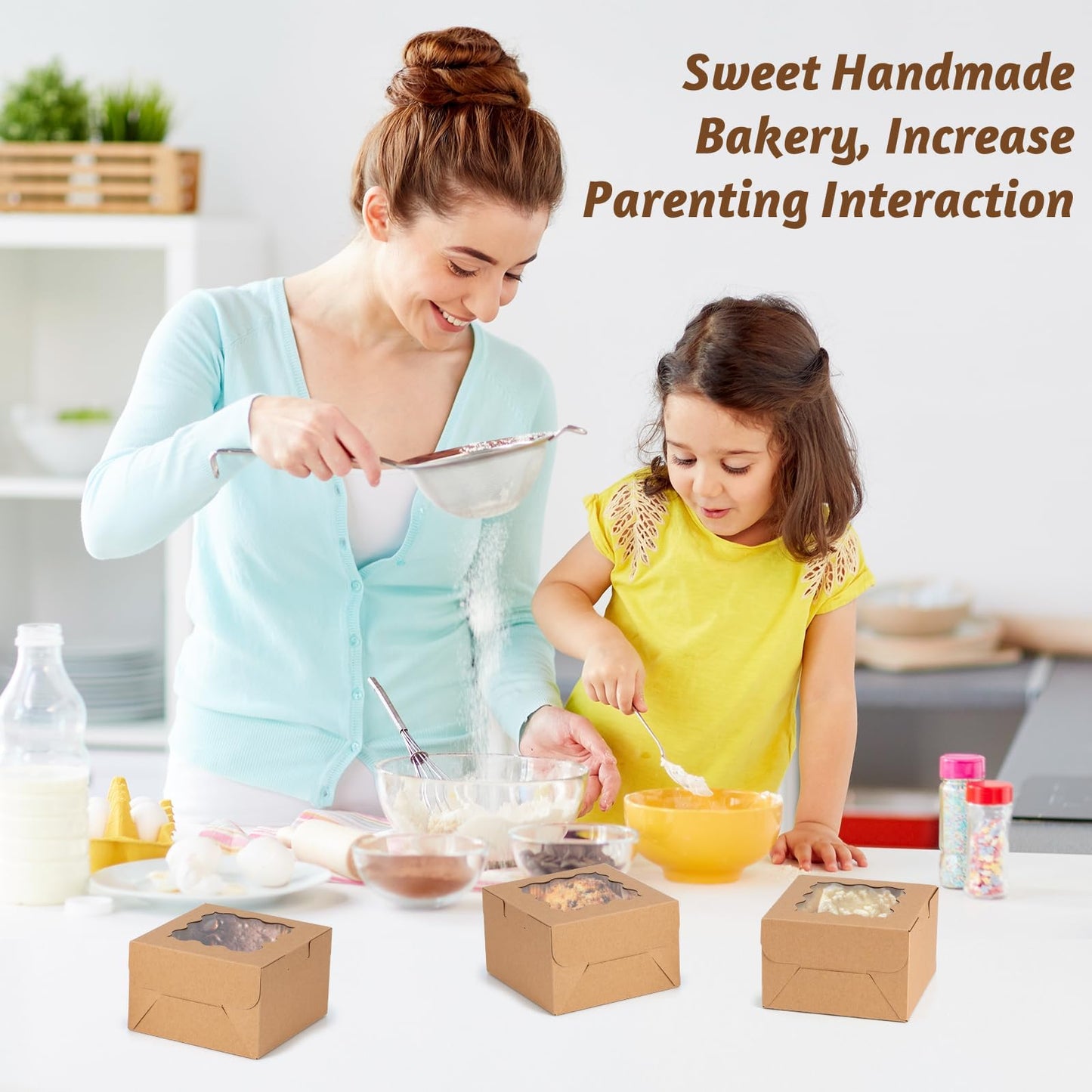 Norxziore 50pcs Brown Cookie Boxes with Window, 4x4x2.5 Inches Small Treat Boxes, Kraft Grease-proof Film Paper Bakery Boxes, Pastry Boxes for Dessert, Strawberries, Cupcake, Valentine, Gift Giving
