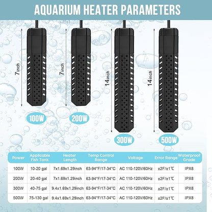Aquarium Heater 200W, Fish Tank Heater with High-Temperature Protection and Turtle Tank Heater with Automatic Power-Off When Leaving Seawater or Freshwater.