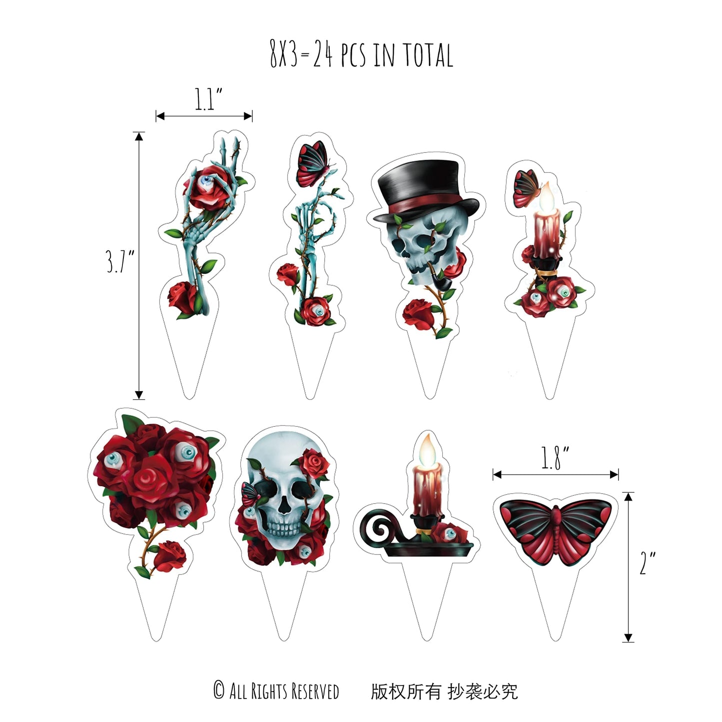 Cheerland Bundle Halloween Centerpieces 3D Rose Skull Candle Cutouts & Garland Red Rose Butterfly Eyeballs 4pcs & Cupcake Toppers Plastic Rose Skull Muffin Decors