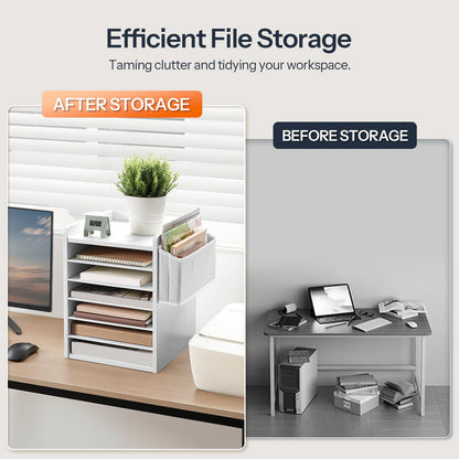 HOOBRO Adjustable Countertop Mail Sorter, 6 Tier Wooden Paper Organizer, Vertical Literature Organizer with Side Storage, Office Mailbox Cubbies, Classroom Mailbox, for Home, Office, White WT34WF01