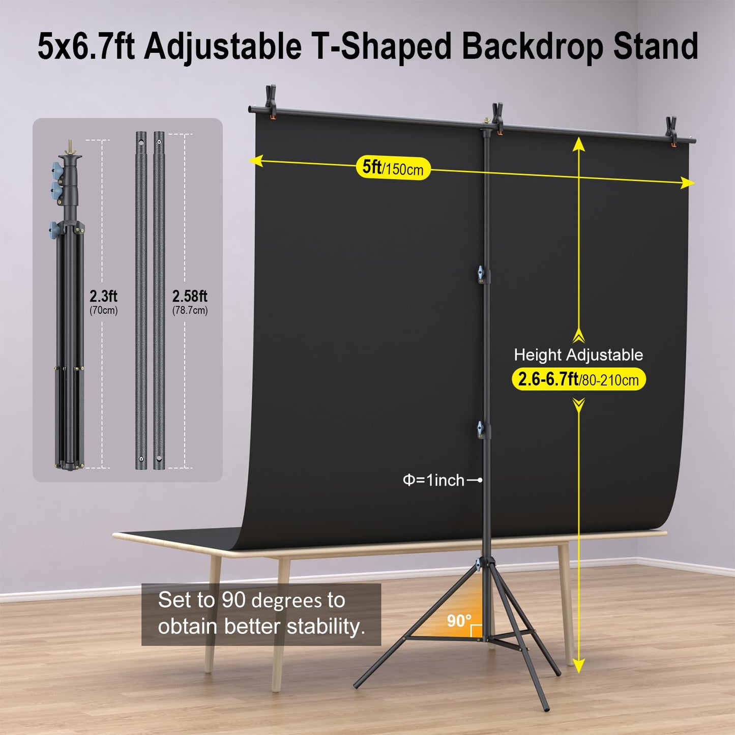 LINCO Lincostore 5x6.7ft Backdrop Stand, Portable Black Photo Backdrop Background with T-Shape Stand, Carry Bag, Spring Clamp for Photography Party Decoration Streaming Studio (Black Backdrop)