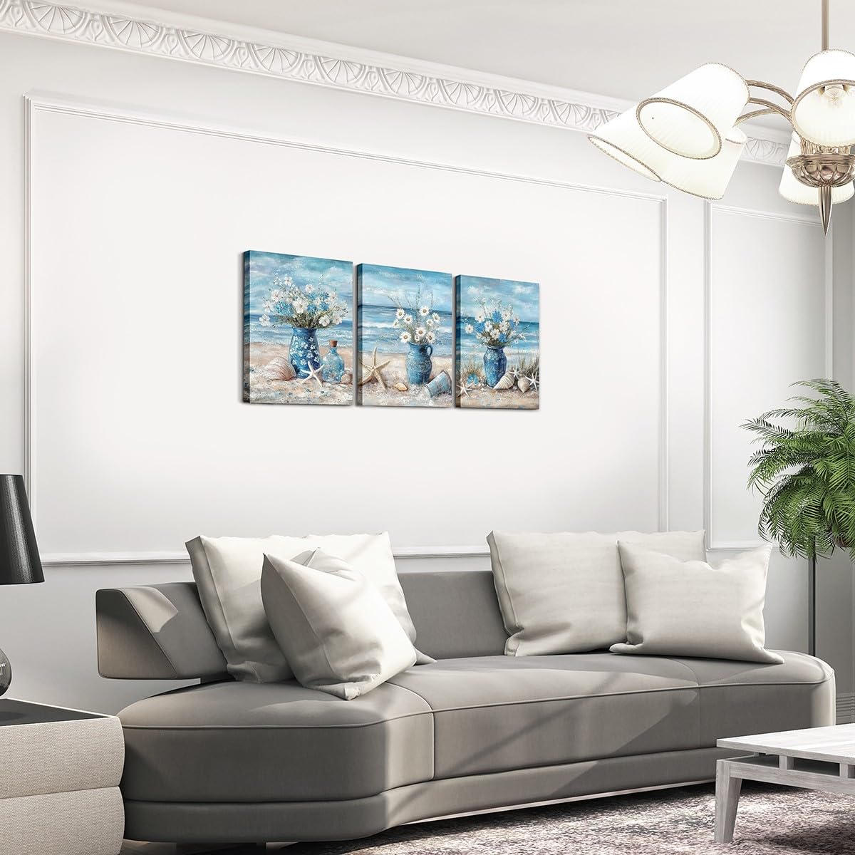 jejeloiu Blue Beach Canvas Wall Art for Living Room Bedroom 12"x16"x3pcs Daisy Flroal Picture Wall Decor for Bathroom Starfish Coastal Ocean Office Decorations Artwork Posters Ocean Marine Painting