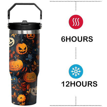 30 oz Halloween Pumpkin Tumbler with Handle and Flip Straw, Horror Scary Maple Leaves Spooky Coffee Mug Water Bottle Stainless Steel Cup, Birthday Gifts
