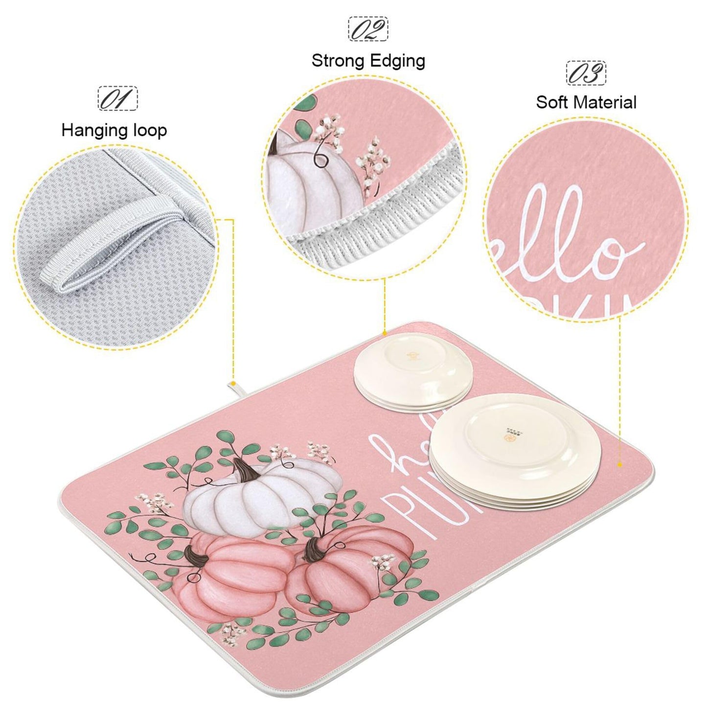 Hello Pumpkin Pink Dish Drying Mat for Kitchen Countertop 16x18 Fall Leaves Rectangle Small Drying Mat Reusable Quick Dry Dish Sink Absorbent Mats Dishwasher Easy Clean Decorative Home Essentials