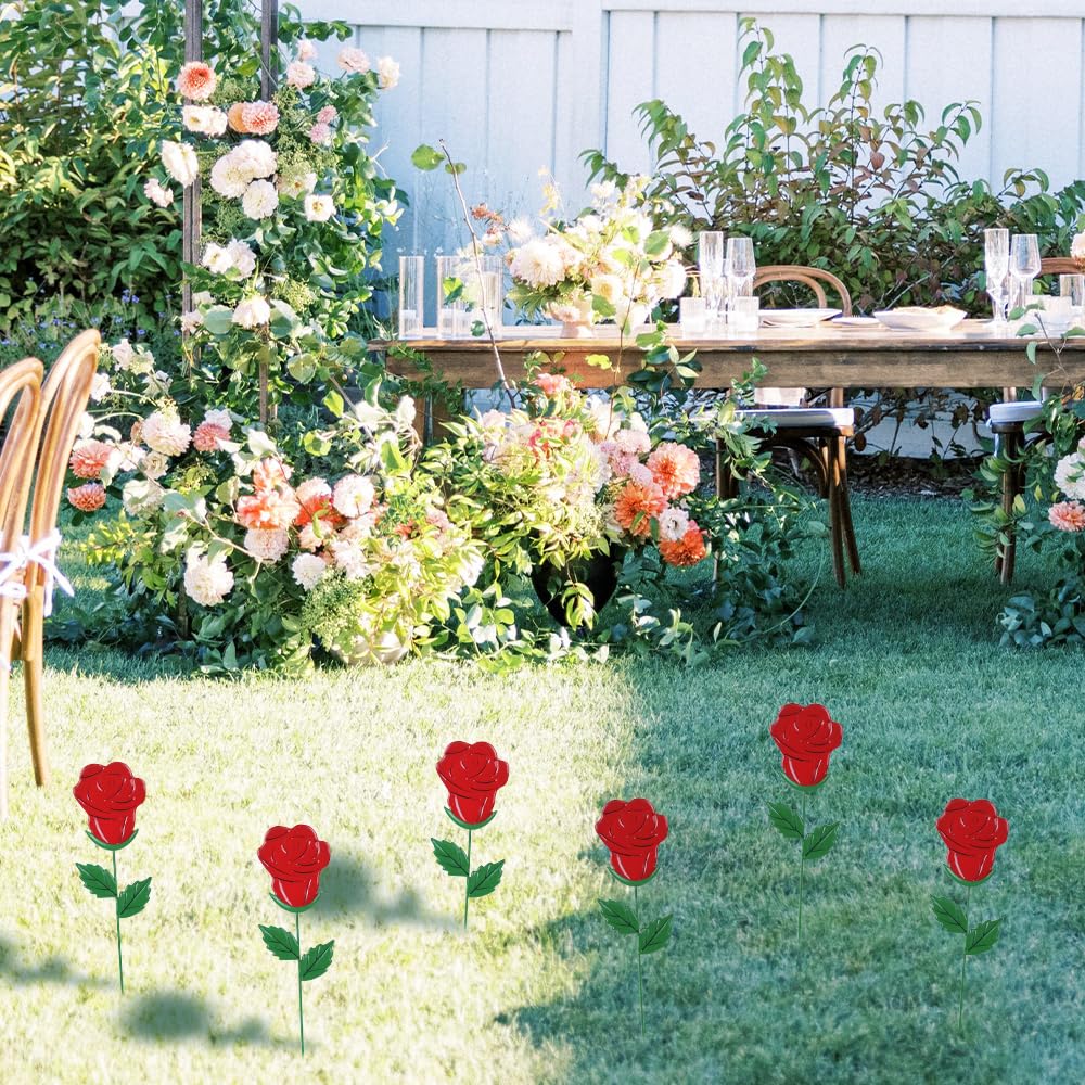 YEAHOME Valentines Day Decorations Outdoor, Set of 6 Rose Metal Flowers Decorative Garden Stakes for Valentines Day Decor, Lovely Yard Stakes for Home Lawn Pot Flowerbed Wedding Anniversary