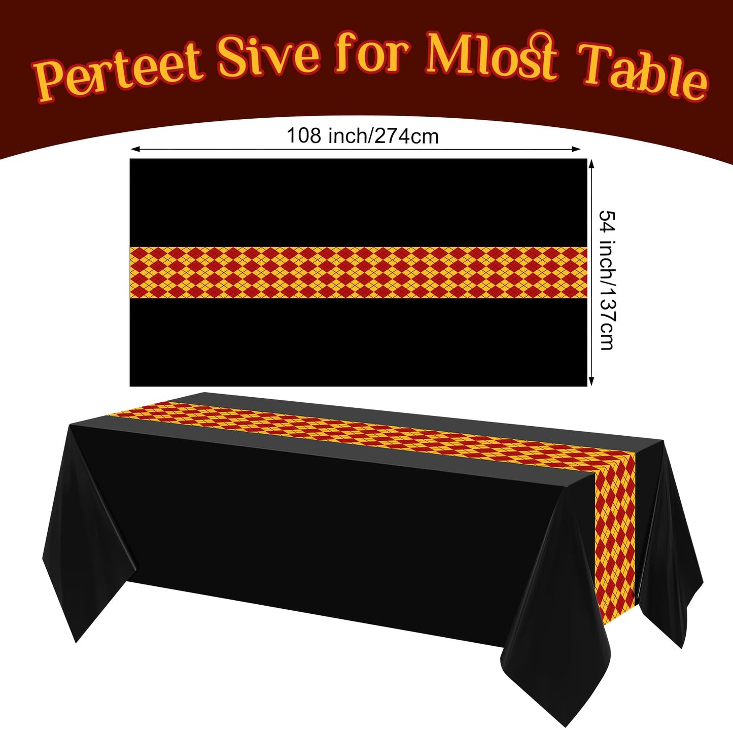 Oudain 3 Pcs 3 Pcs Wizard Tablecloth 54 x 108 Inches Plastic Black Table Cover Red Golden Tablecloth Disposable Magical Party Supplies for Halloween Witch Birthday Party Decoration (Rhombus)