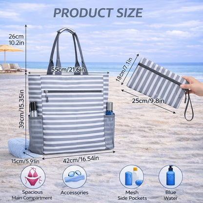 Waterproof Sandproof Beach Tote Bag for Women, Large Foldable Beach Bag with Zipper & Pockets, Packable Travel Pool Bag, Cruise Beach Bag Carry-On for Vacation, Gym & Beach, 9 Smart Pockets (Grey)