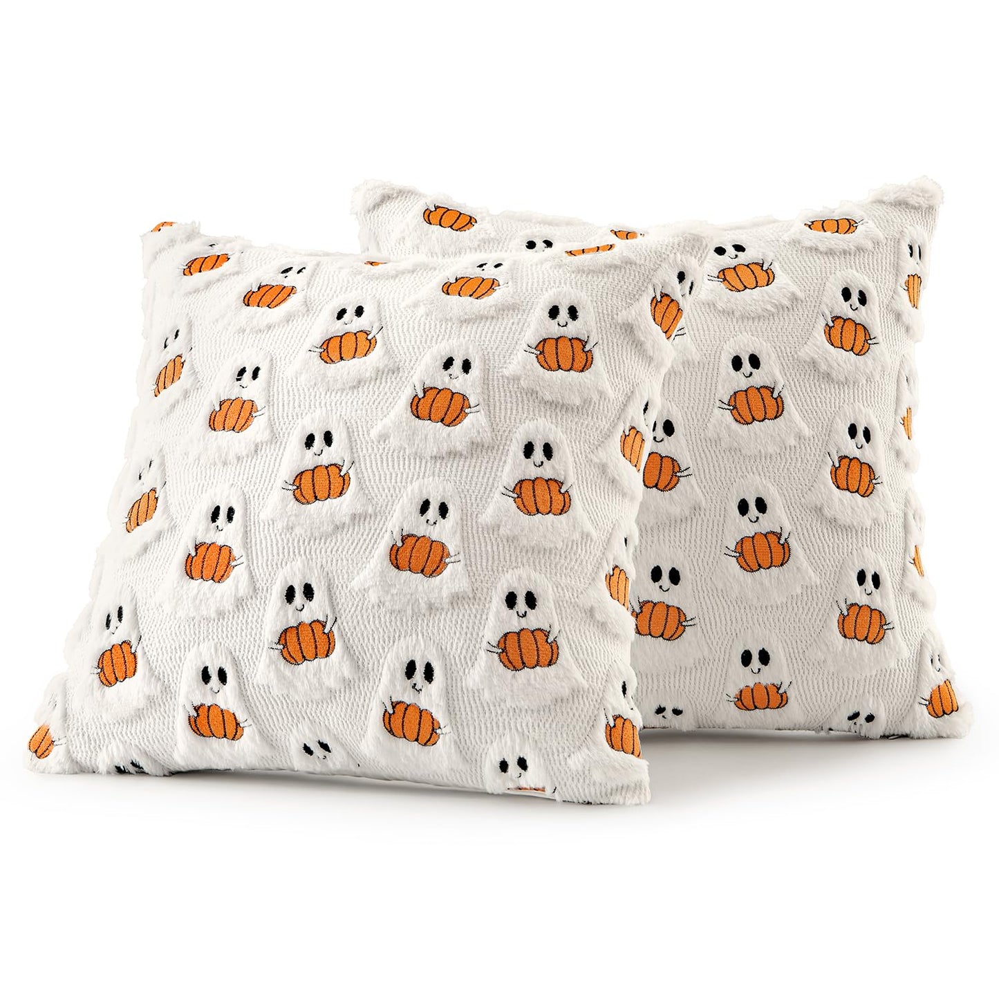 MIULEE Halloween Pillow Covers Decorative Fall Cute Ghost Plush Faux Fur Pillows 18x18 Inch Set of 2 Soft Pumpkin Accents for Sofa Couch Bed Living Room Festive Home Decor, White Bright Orange