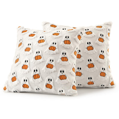MIULEE Halloween Pillow Covers Decorative Fall Cute Ghost Plush Faux Fur Pillows 18x18 Inch Set of 2 Soft Pumpkin Accents for Sofa Couch Bed Living Room Festive Home Decor, White Bright Orange