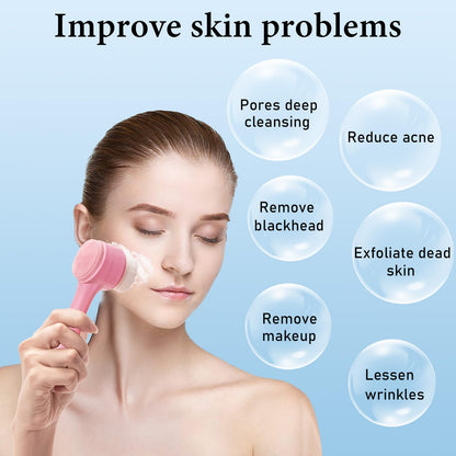 Face Brush 2 in 1, Facial Cleansing Exfoliating Scrubber Brush, Silicone Double Side Manual Face Wash Scrub Brush with Soft Bamboo Charcoal Fiber for Deep Pore Cleansing, Massaging, Skin Care