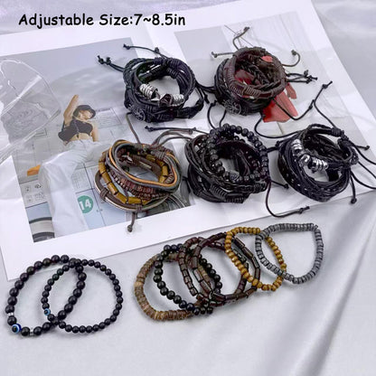 31Pcs Braided Leather Bracelets for Men Women Punk Wrap Cuff Bracelets Hemp Cords Wood Beads Ethnic Tribal Handmade Wrap Wristband Gothic Evil Eye Bracelets Set Adjustable Skull Skeleton Accessories