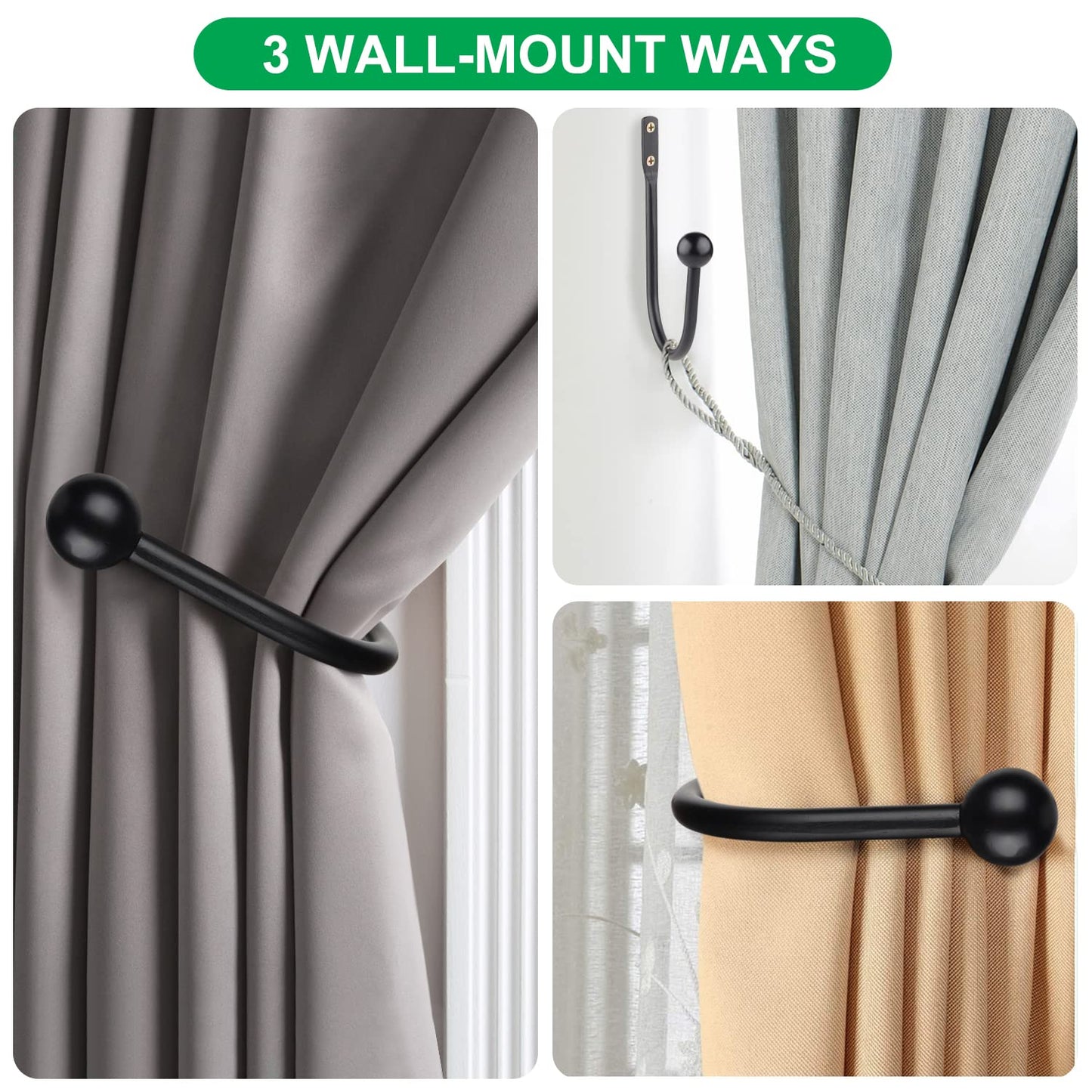 Curtain Holdbacks, 6pcs Curtains Holder Wall Mounted Drapery Tiebacks Retro Window Hook for Home Decor, Matte Black