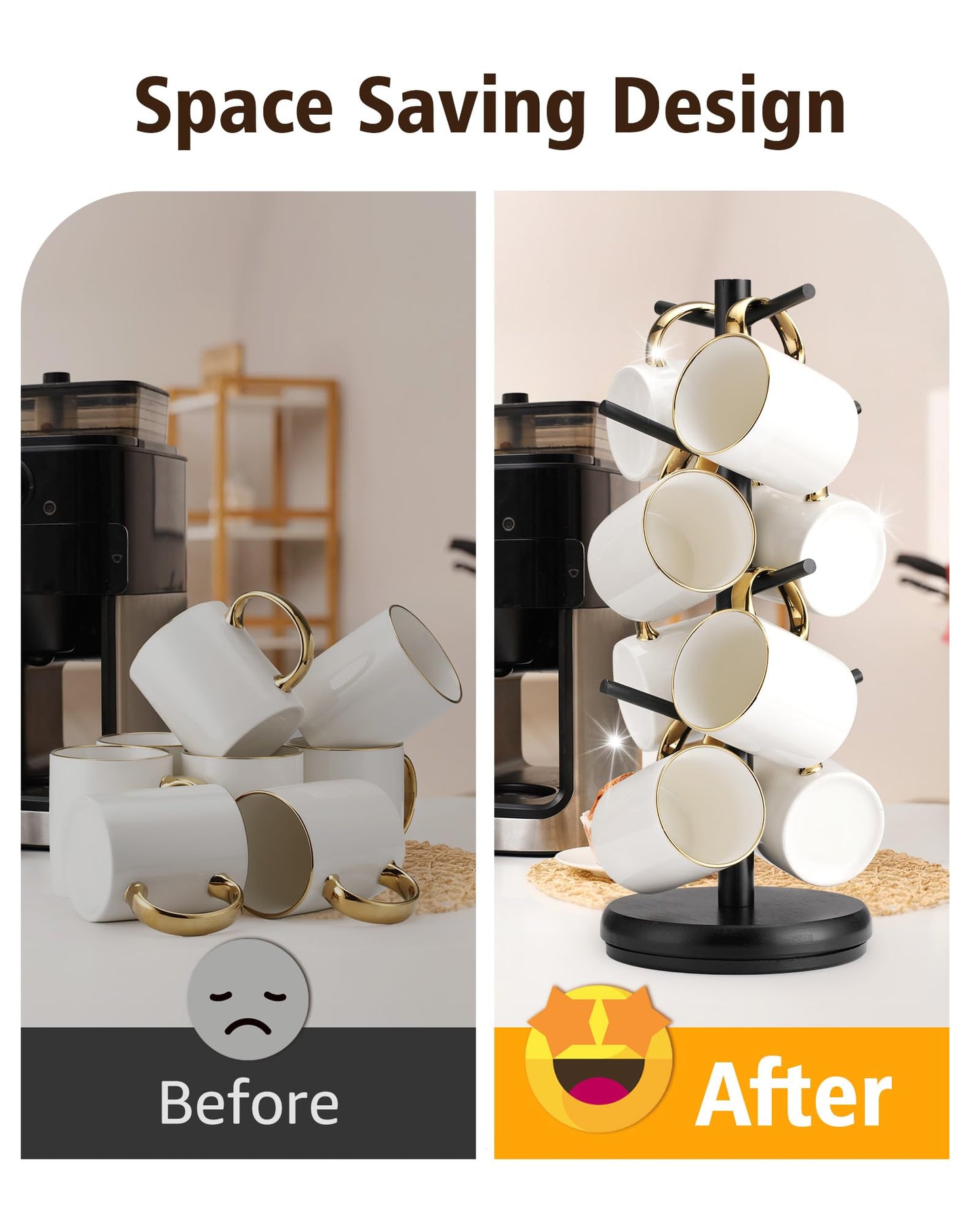 Lorbro Coffee Mug Tree, 360° Rotated Mug Holder with 8 Hooks, Wooden Coffee Cup Holder Rack Stand Accessories for Countertop Kitchen Decor Organizer