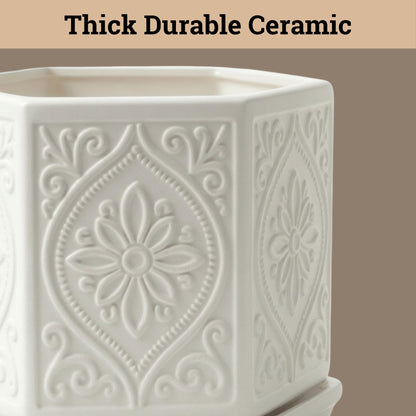 Ceramic Pots for Plants Set of 2 Sizes - 6 Inch and 4 Inch Wide Plant Pots Indoor with Drainage and Saucer - White Planters for Indoor Plants - Ceramic Planter Pot with Tray for Flowers & Houseplants