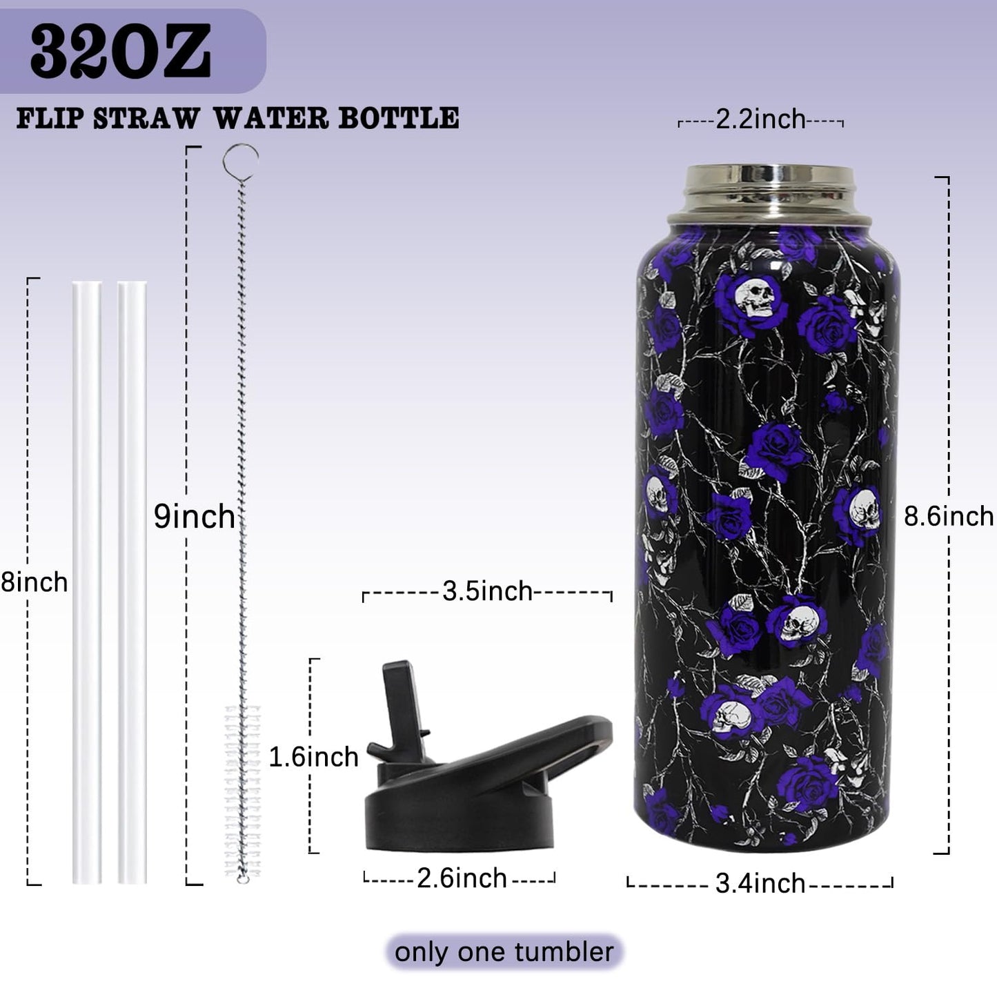 ZNYYZYBA Insulated Halloween Water Bottle 32 oz, Flower Skull Water Bottle with Straw, Reusable Leakproof Tumbler Stainless Steel, Halloween Gifts for Women