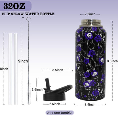 ZNYYZYBA Insulated Halloween Water Bottle 32 oz, Flower Skull Water Bottle with Straw, Reusable Leakproof Tumbler Stainless Steel, Halloween Gifts for Women