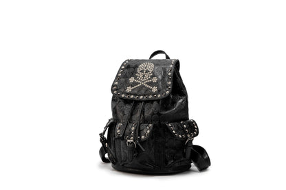 SandraWang ‌Gothic Skull Studded Backpack for Women & Men, Structured PU Leather Punk Bookbag with Drawstring Flap, A4 & Tablet Friendly Alternative Fashion Design