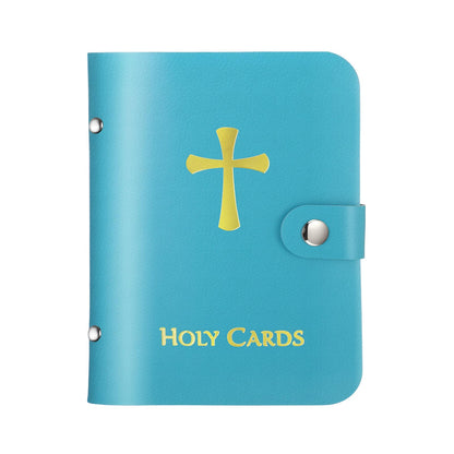 Lerheedi Holy Card Holder Case Faux Leather, up to 40 Prayer Cards with Snap Closure, Portable for Travel, Ideal Religious Gift for Adults, Unisex (Blue)