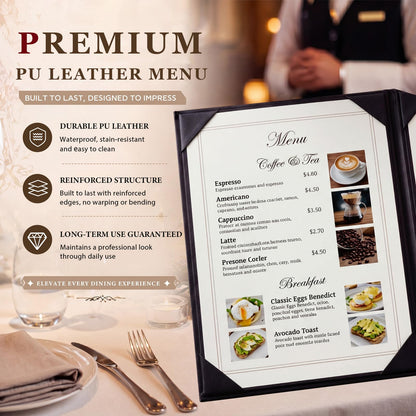 Durable PU Leather Material: PU Leather Resists Scratches, Stains, and wear, Keeping menus Looking Professional and Clean in Busy Restaurants, cafes, and Bars