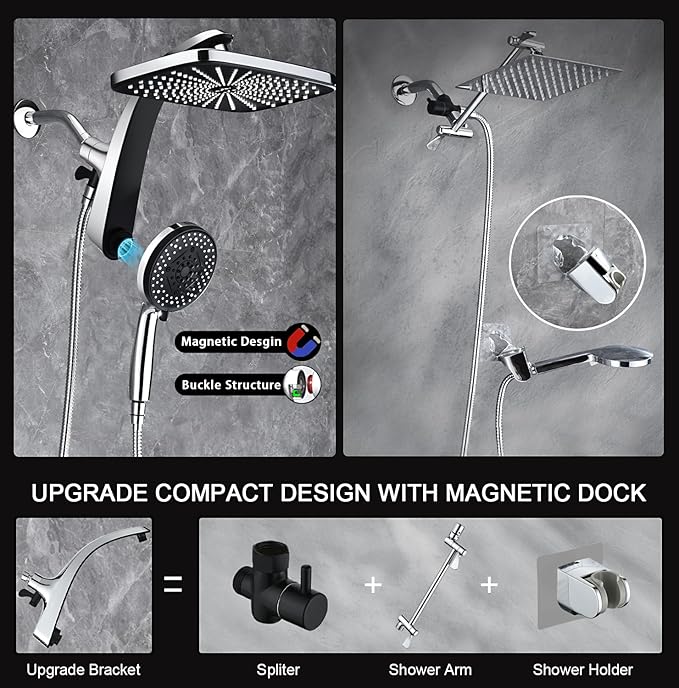 BOZYBO Rain Shower Head with Handheld: High Pressure Shower Heads with Handheld Spray Combo, 12" Rainfall Shower Head and 9 Sprays Hand Showerheads with Magnetic Docking and Power Jets, Chrome 1.8GPM