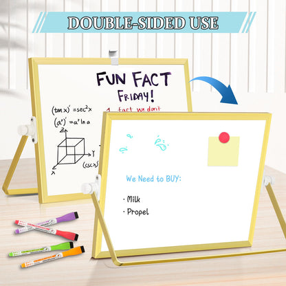 AMUSIGHT Magnetic Dry Erase White Board, 12" x 8" Double-Sided Golden Aluminum Frame Desktop Whiteboard with Stand, Portable Small Whiteboard Set for Drawing, Office, Home, School