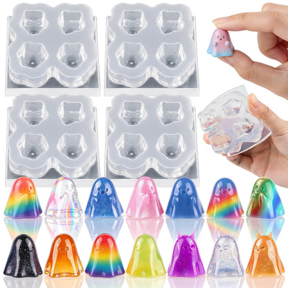 Mini Cute Ghost Figurines Silicone Mold, 4 Pcs Micro Dollhouse Epoxy Casting Mold with Realistic Shapes for DIY Resin Art Fairy Garden Miniatures Landscape Crafts Decor(M)