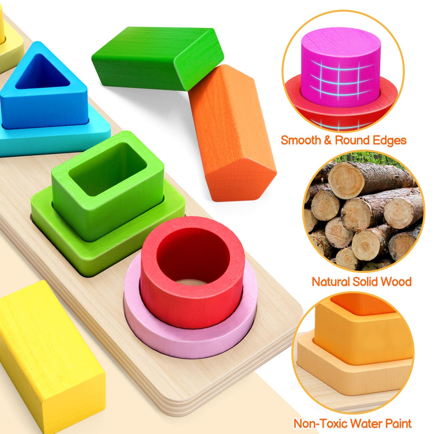 PEBIRA Montessori Toys for 1 2 3 Year Old Boys Girls Toddlers, Heightened Peg-Free Wooden Stacking Toys, Shape Sorter Learning Toy, Birthday Gift for Baby Kid Age 1-4 Preschool Toy, Various Game Play