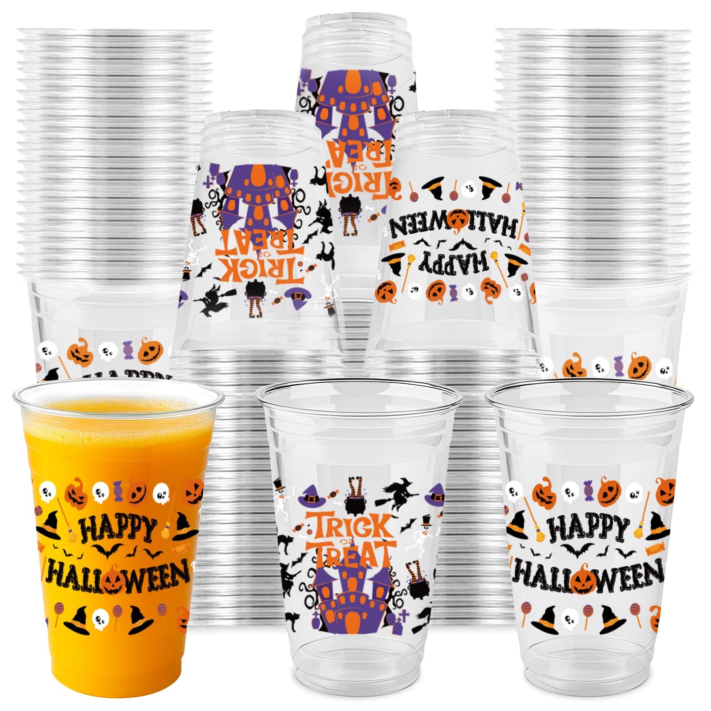 60PCS 16oz Halloween Cups – Disposable Plastic Happy Halloween and Trick or Treat Cups with 2 Unique Designs for Party Supplies, and Drinks