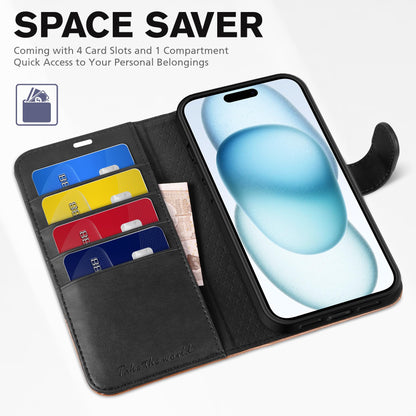 TUCCH Wallet Case for iPhone 15 5G, [RFID Blocking] 4 Card Slot Holder Kickstand [Shockproof TPU Interior Case], PU Leather Magnetic Flip Cover Compatible with iPhone 15 6.1" 2023, Black & Brown