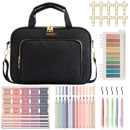 Bible Cover for Women Bible Case, Large Bible Bag, Bible Study Supplies Bible Journaling Kit Book Carrying Case with Bible Highlighters Tabs, Valentines Day Christian Gifts for Women (Black)