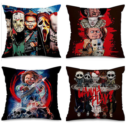 Generic Set of 4 Linen Throw Pillow Covers Halloween Pillow Case Horror Movie Character Halloween Pillow Covers Funny Holiday Home Decoration for Sofa Couch Bed Living Room Car Bedroom Bar Cafes