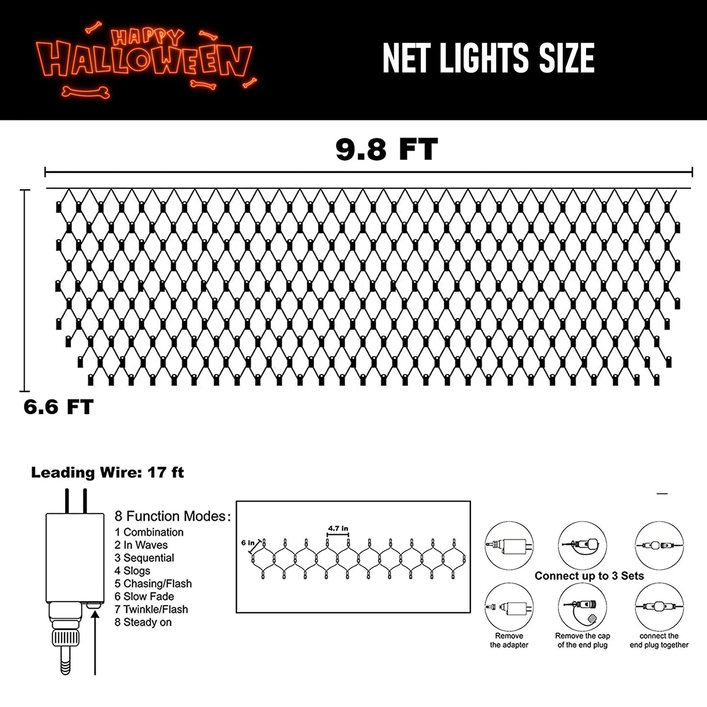 TW SHINE Halloween 200 LED Net Lights, 9.8 FT x 6.6 FT Connectable Waterproof Decorations Clear Wire with 8 Modes for Outdoor Garden Holiday Party (Purple & Orange)